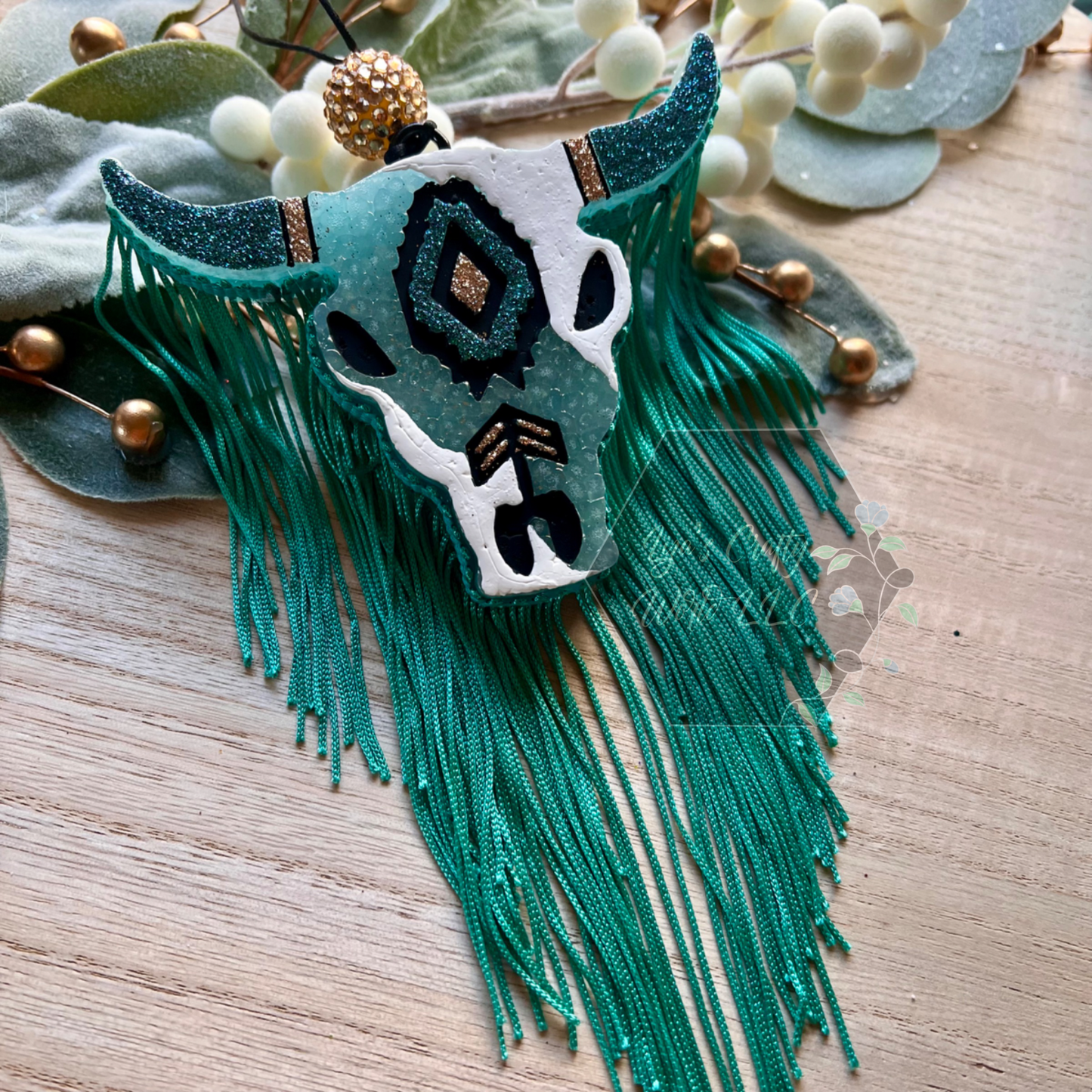 Teal Mini Bull Skull Freshie with Fringe - Fruit Loops