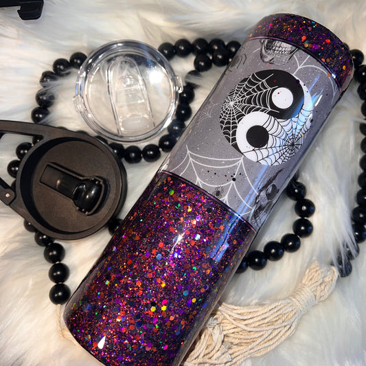 Spooky Yin and Yang Skull and Spider Web Glitter 30 Ounce Hydro Duo Epoxy Tumbler